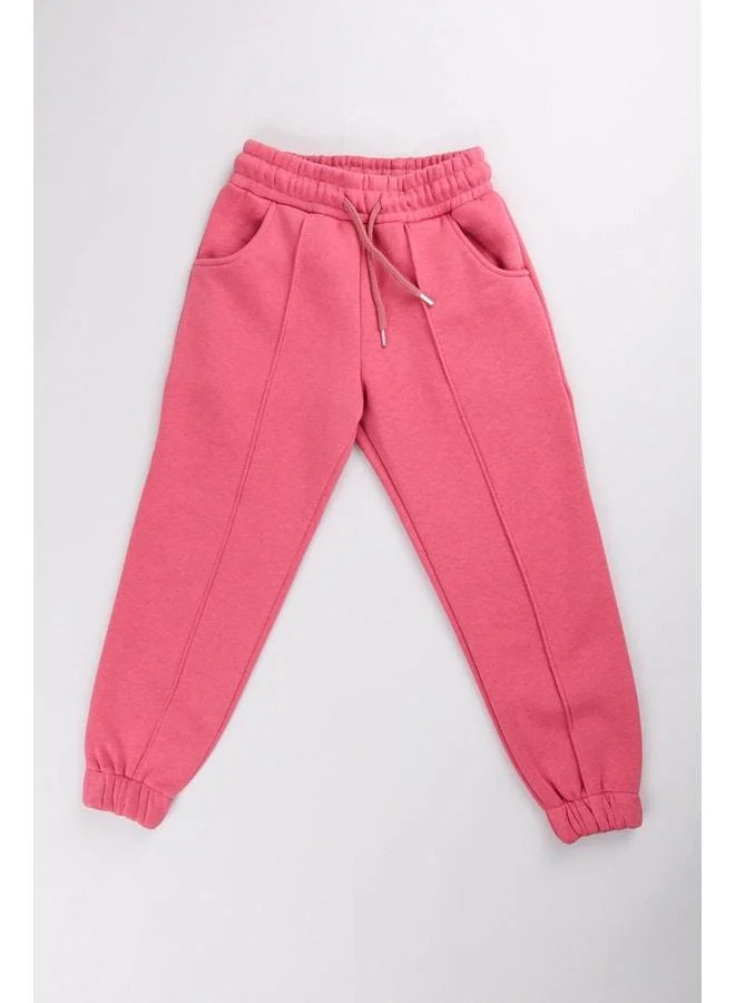 Perendi Elastic Waistband, Fleece‑Lined, Pocketed Comfortable Unisex Kids Sweatpants – Rose Pink.