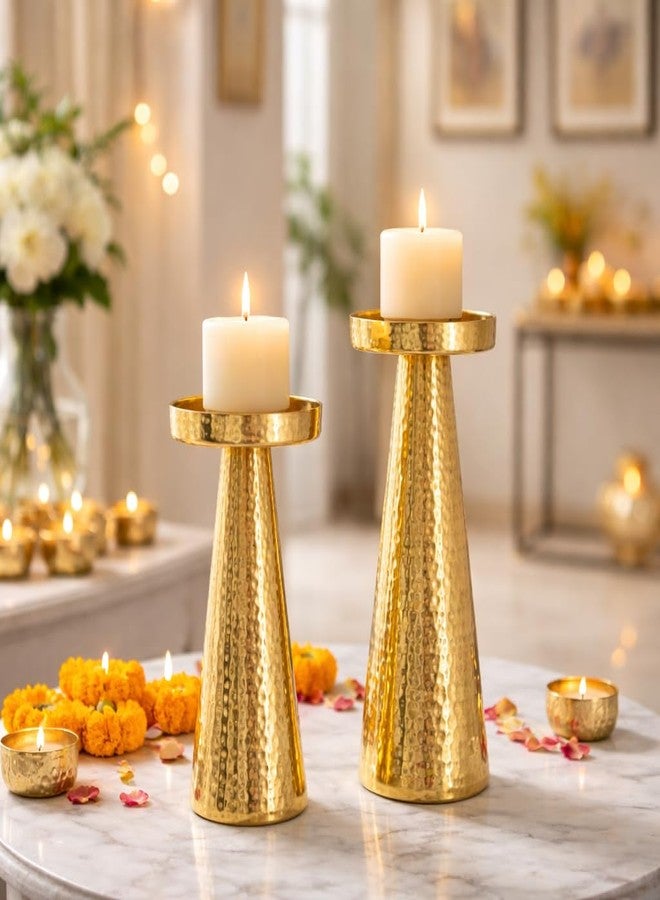 CentraLit Set of 2 Candle Stand for Home Decor | Modern Hammered Candle Holder Stand with Brass Gold Finish | Diwali Home Decor Candle Stand for Living Room, Altar & Christmas Decoration - Image 1
