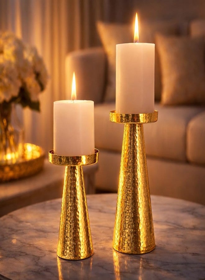 CentraLit Set of 2 Candle Stand for Home Decor | Modern Hammered Candle Holder Stand with Brass Gold Finish | Diwali Home Decor Candle Stand for Living Room, Altar & Christmas Decoration - Image 2