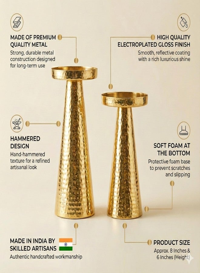 CentraLit Set of 2 Candle Stand for Home Decor | Modern Hammered Candle Holder Stand with Brass Gold Finish | Diwali Home Decor Candle Stand for Living Room, Altar & Christmas Decoration - Image 4