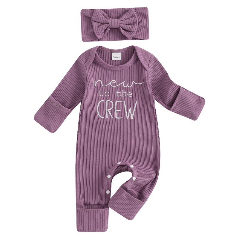 allshope Infant Baby Girl Fall Outfit Sweatshirt Romper New to The Crew Long Sleeve Jumpsuit Bodysuit Newborn Clothes (New to The Crew Purple, Newborn) - Image 1