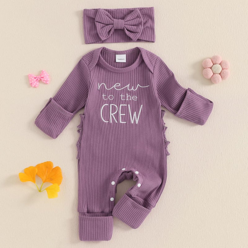 allshope Infant Baby Girl Fall Outfit Sweatshirt Romper New to The Crew Long Sleeve Jumpsuit Bodysuit Newborn Clothes (New to The Crew Purple, Newborn) - Image 2