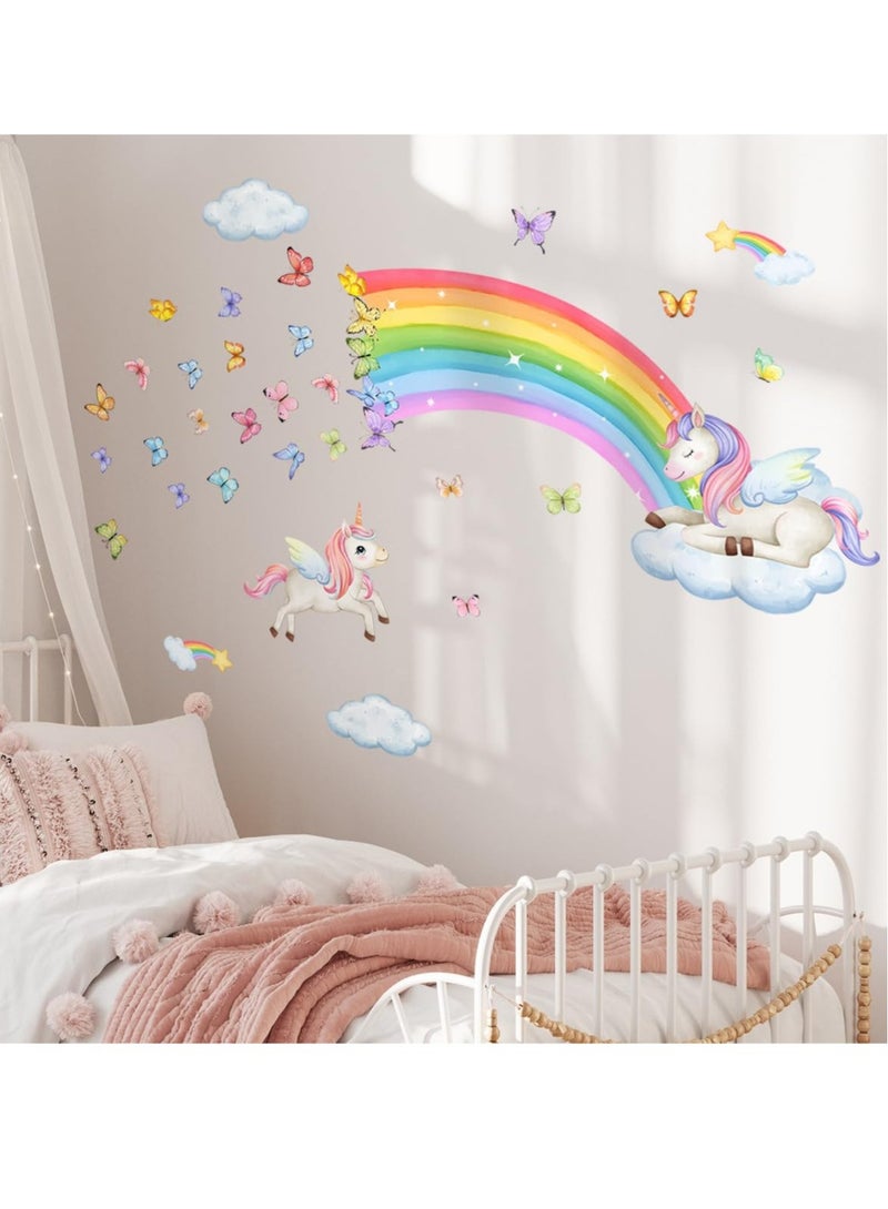 Excefore Rainbow Wall Stickers, Butterfly Unicorn Clouds, Peel and Stick Wall Art Decals, for Kids Room Baby Girls Boys Bedroom - Image 4