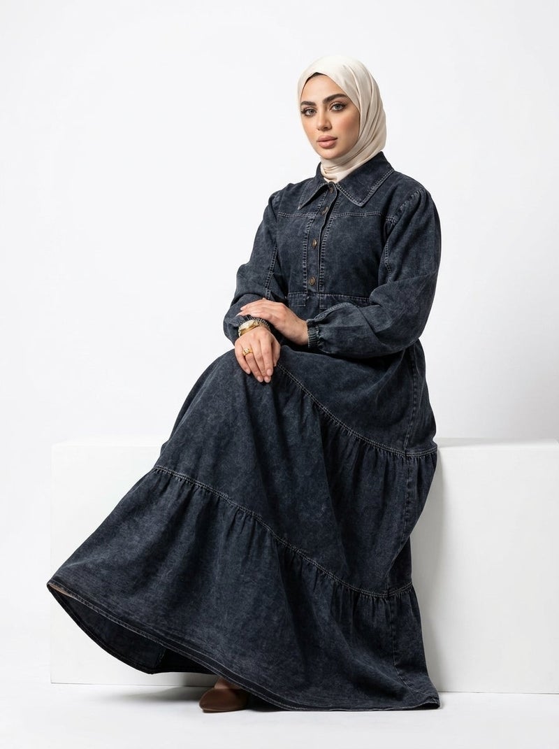 Dark Jeans - Long Denim Dress with  Design and Layered Detail, Dark Blue Color, Perfect for Daily & Family Occasions - Size 4XL (120 KG) - Image 2