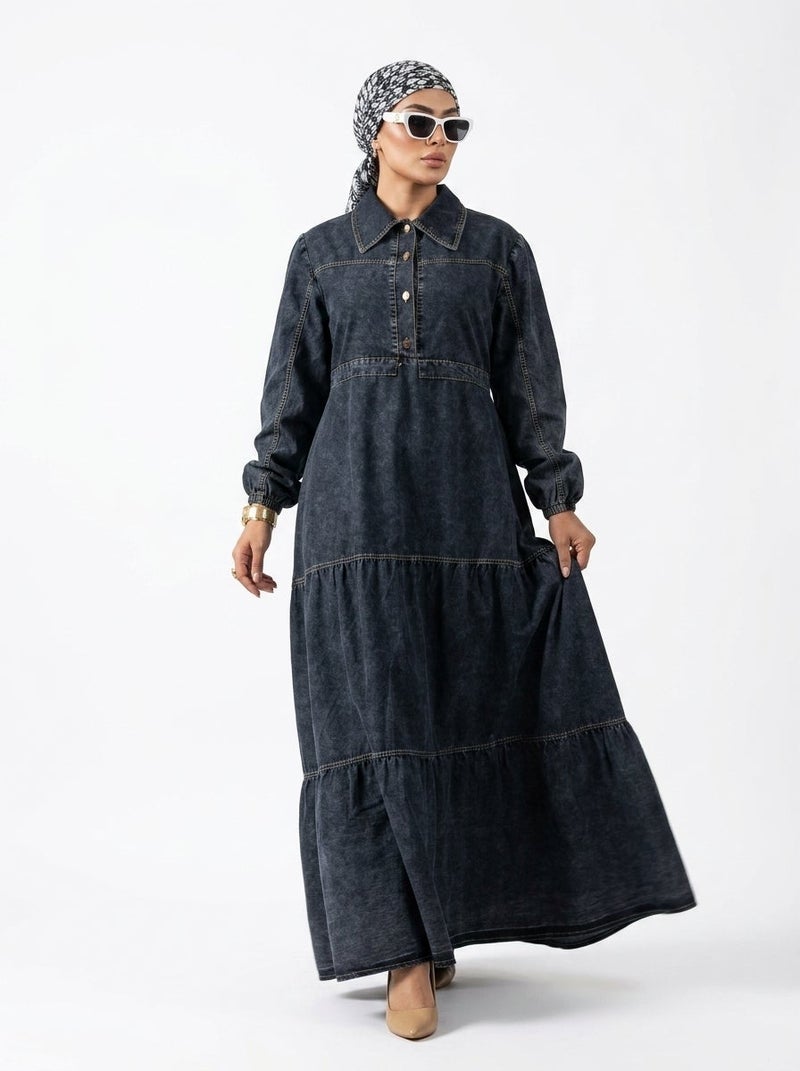 Dark Jeans - Long Denim Dress with  Design and Layered Detail, Dark Blue Color, Perfect for Daily & Family Occasions - Size 4XL (120 KG) - Image 4