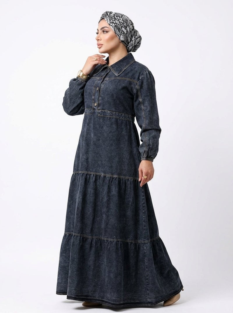 Dark Jeans - Long Denim Dress with  Design and Layered Detail, Dark Blue Color, Perfect for Daily & Family Occasions - Size 4XL (120 KG) - Image 3