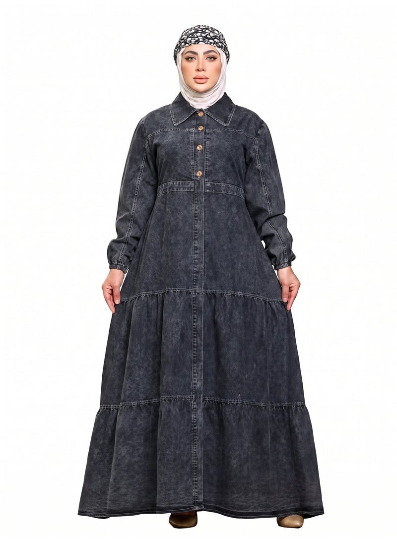 Dark Jeans - Long Denim Dress with  Design and Layered Detail, Dark Blue Color, Perfect for Daily & Family Occasions - Size 4XL (120 KG) - Image 1