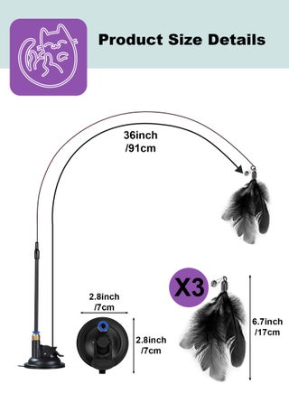 Cat Feather Toys,Cat Wand Toy with Powerful Suction Cup,Interactive Cat Toy Detachable Feather Replacements with Bell for Indoor Cats （2 Extra Feathers） - view 2