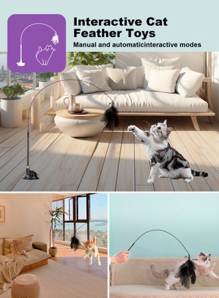 Cat Feather Toys,Cat Wand Toy with Powerful Suction Cup,Interactive Cat Toy Detachable Feather Replacements with Bell for Indoor Cats （2 Extra Feathers） - view 4