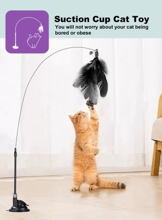 Cat Feather Toys,Cat Wand Toy with Powerful Suction Cup,Interactive Cat Toy Detachable Feather Replacements with Bell for Indoor Cats （2 Extra Feathers） - view 5