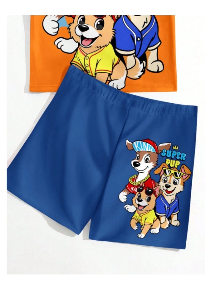 Super Pop dog print swimsuit for little boys, black and blue, with a stretchy, childlike style, perfect for summer (3-5 years). - Image 5