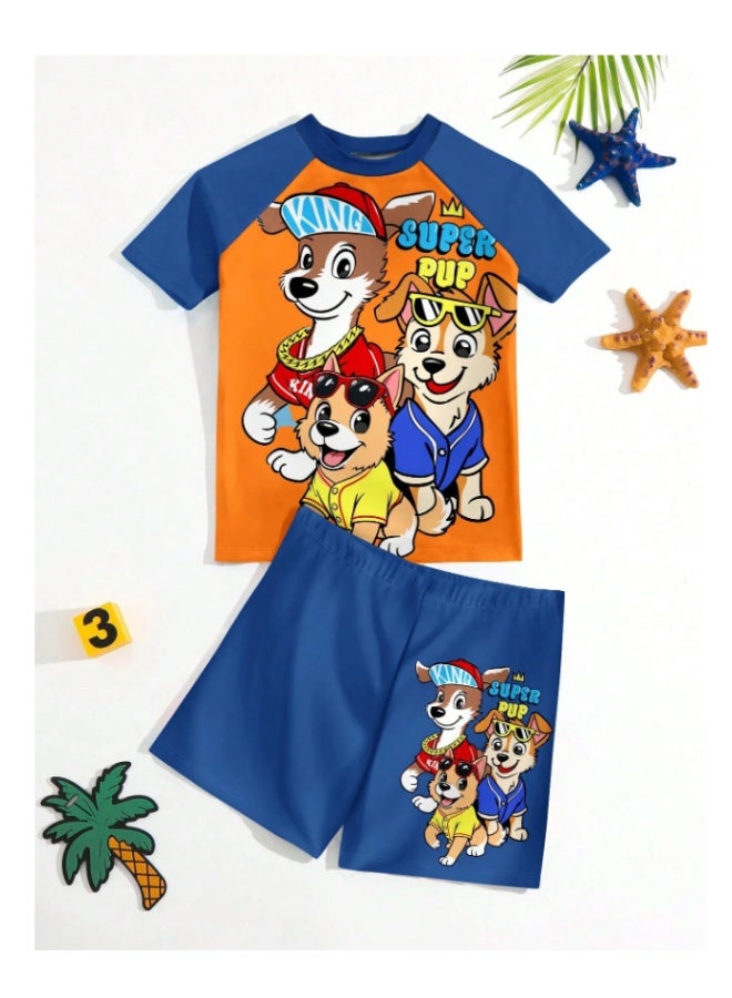 Super Pop dog print swimsuit for little boys, black and blue, with a stretchy, childlike style, perfect for summer (3-5 years). - Image 2