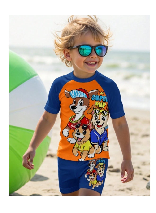 Super Pop dog print swimsuit for little boys, black and blue, with a stretchy, childlike style, perfect for summer (3-5 years). - Image 1