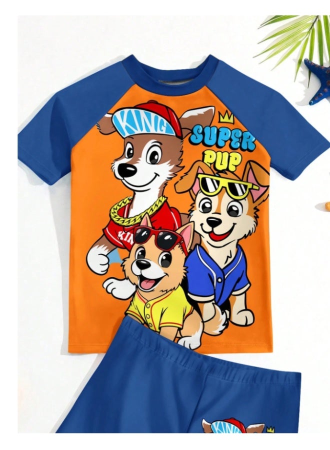 Super Pop dog print swimsuit for little boys, black and blue, with a stretchy, childlike style, perfect for summer (3-5 years). - Image 4