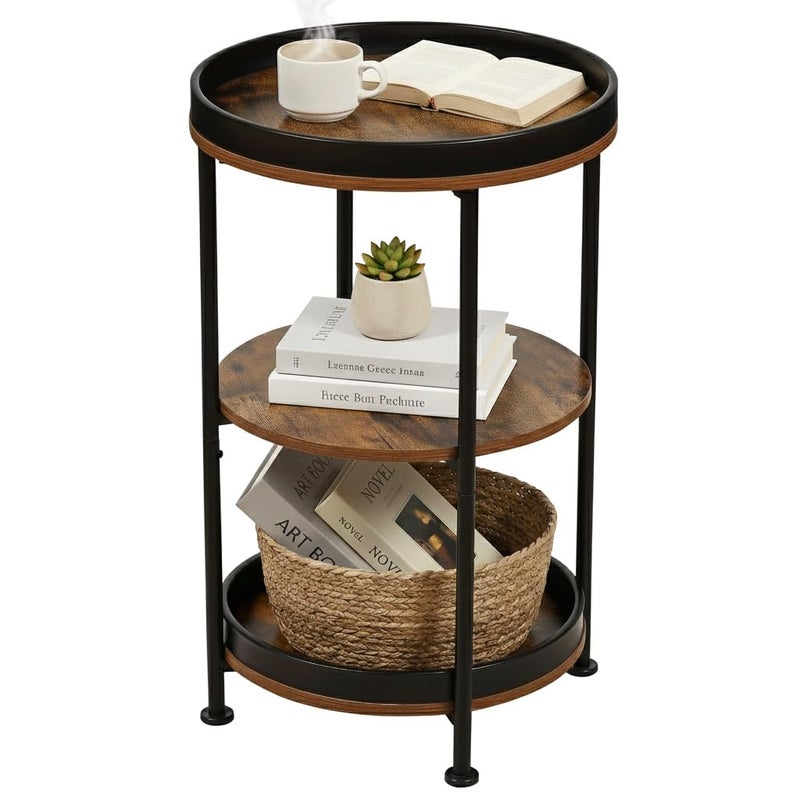 Dulcii Side Table, Round End Table with 3 Storage Shelves for Living Room, Bedroom, Nightstand with Steel Frame for Small Spaces, Industrial Round Sofa Table, Outdoor Accent Coffee Table, Rustic Brown - Image 1