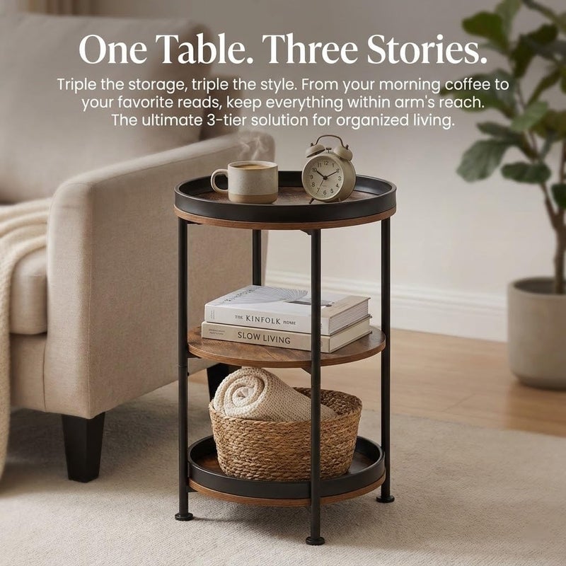 Dulcii Side Table, Round End Table with 3 Storage Shelves for Living Room, Bedroom, Nightstand with Steel Frame for Small Spaces, Industrial Round Sofa Table, Outdoor Accent Coffee Table, Rustic Brown - Image 3