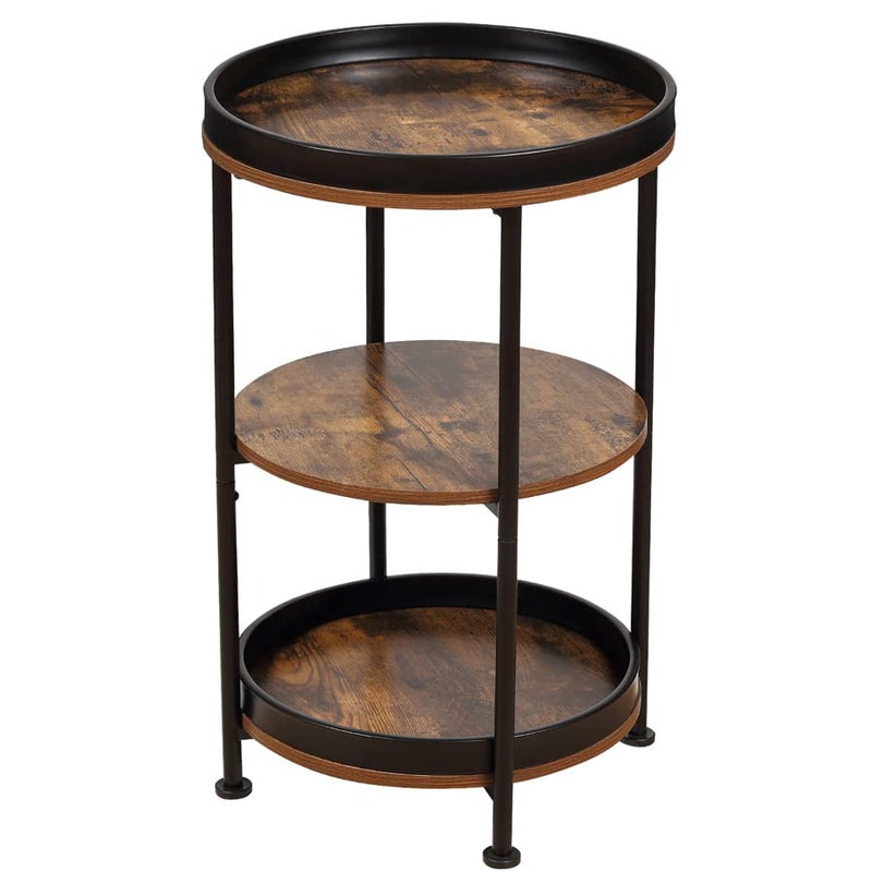 Dulcii Side Table, Round End Table with 3 Storage Shelves for Living Room, Bedroom, Nightstand with Steel Frame for Small Spaces, Industrial Round Sofa Table, Outdoor Accent Coffee Table, Rustic Brown - Image 4
