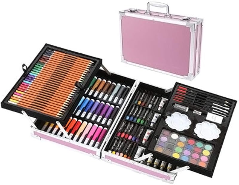 Seemo Art Set 145 Pcs Deluxe Art Supplies Kit in Portable Case Painting & Drawing Set for Kids, Teens and Adults with Colored Pencils, Markers, Pink Case