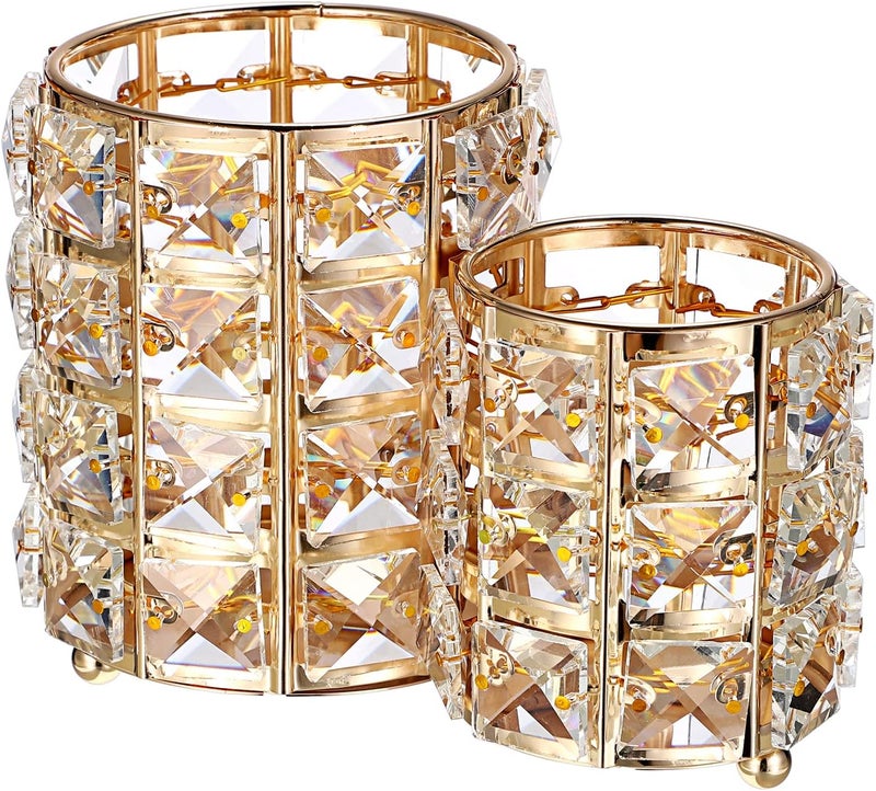 Hipiwe Makeup Brush Holder Gold Bling Crystal Makeup Brush Organizer Round Remote Control Holder Cosmetic Brush Tools Comb Pen Pencil Storage Pot Cup for Vanity, Office, Home Decor, 2-Slot