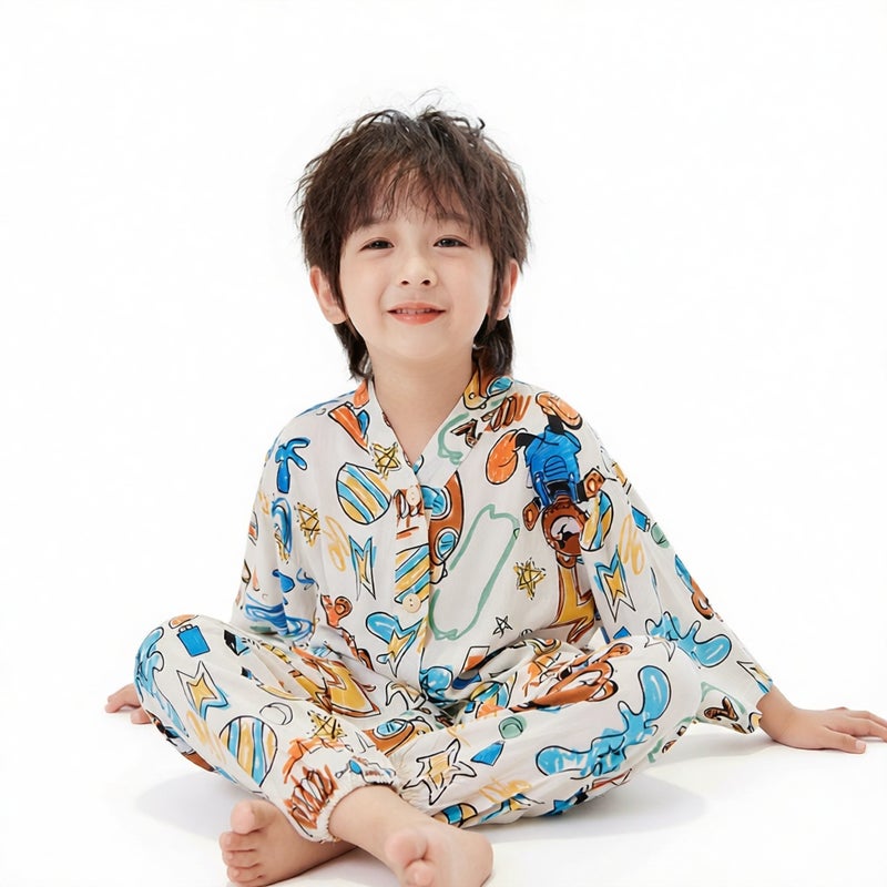 Cotton Gauze Kids Pajama Set Short Sleeve Homewear Suit for Boys Girls Toddler - Image 4