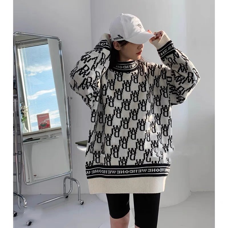 We11 Popularity Data Full Print Old Flower Logo Jacquard Half High Collar Casual Loose Sweater Men'S And Women'S Fashion Brand - Image 2