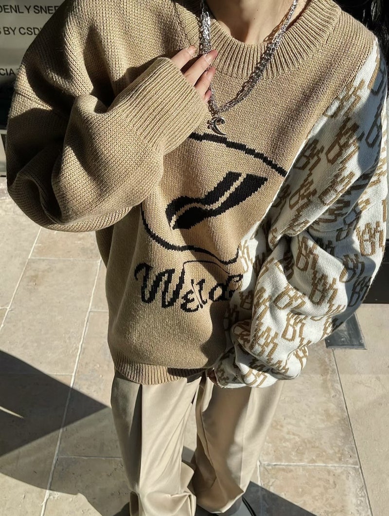 We11 Popularity Data Full Print Old Flower Logo Jacquard Half High Collar Casual Loose Sweater Men'S And Women'S Fashion Brand - Image 1