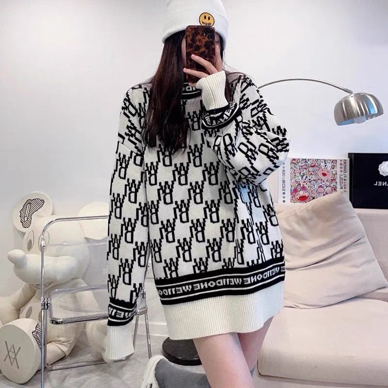 We11 Popularity Data Full Print Old Flower Logo Jacquard Half High Collar Casual Loose Sweater Men'S And Women'S Fashion Brand - Image 3