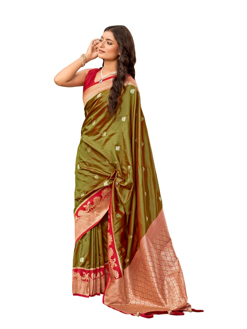 MANOHARI Women's Most Trendy Banarasi Satin Silk Woven Olive Green Animal Design Pattern Pattern Saree With Heavy Jacquard Work Saree With Blouse Piece_MN2037 - Image 1
