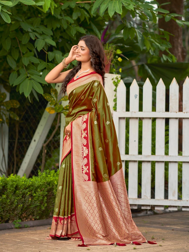 MANOHARI Women's Most Trendy Banarasi Satin Silk Woven Olive Green Animal Design Pattern Pattern Saree With Heavy Jacquard Work Saree With Blouse Piece_MN2037 - Image 2