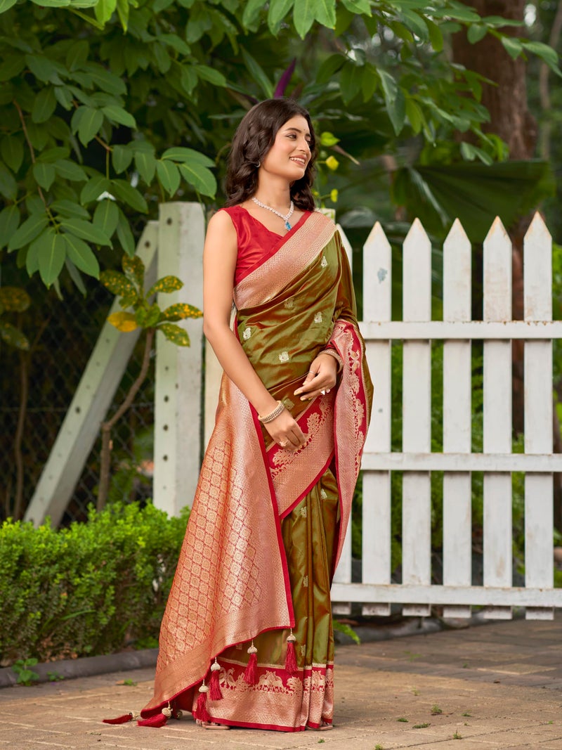 MANOHARI Women's Most Trendy Banarasi Satin Silk Woven Olive Green Animal Design Pattern Pattern Saree With Heavy Jacquard Work Saree With Blouse Piece_MN2037 - Image 4