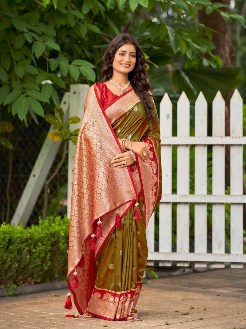 MANOHARI Women's Most Trendy Banarasi Satin Silk Woven Olive Green Animal Design Pattern Pattern Saree With Heavy Jacquard Work Saree With Blouse Piece_MN2037 - Image 5