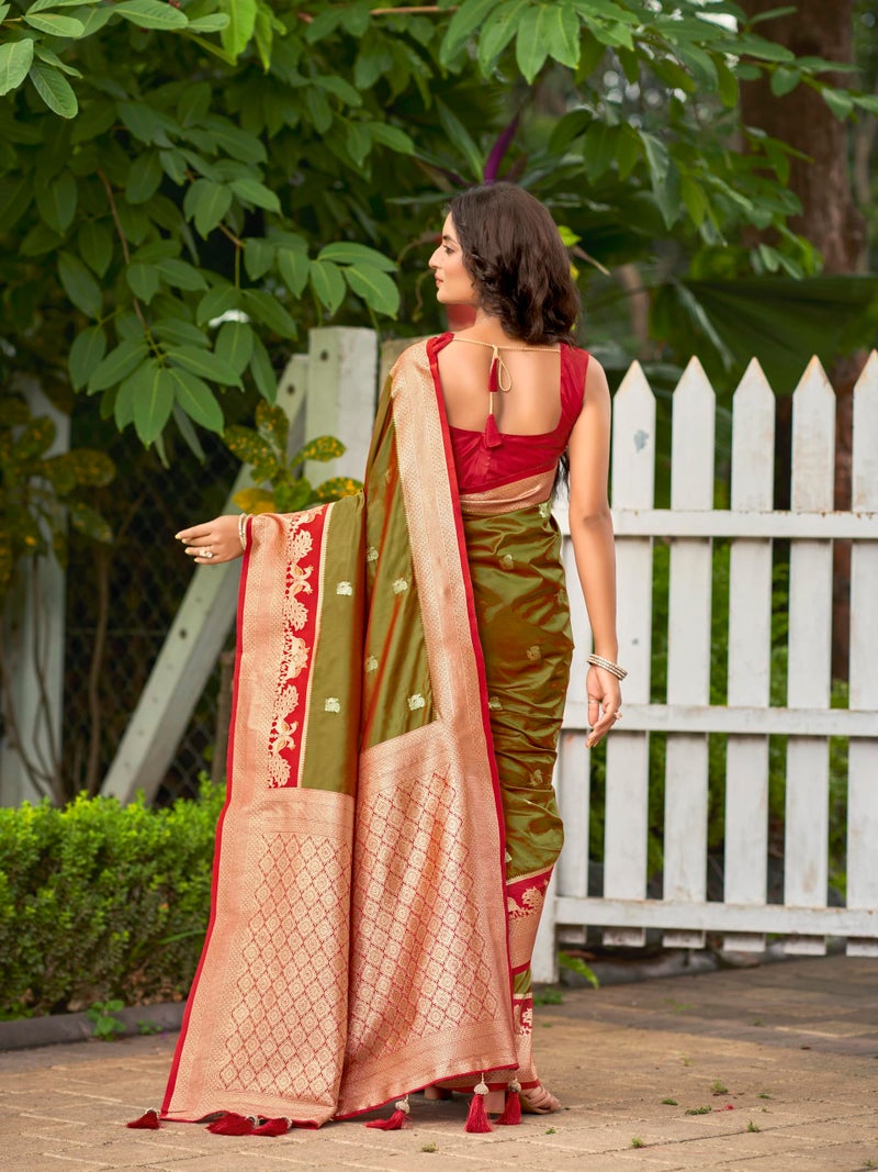 MANOHARI Women's Most Trendy Banarasi Satin Silk Woven Olive Green Animal Design Pattern Pattern Saree With Heavy Jacquard Work Saree With Blouse Piece_MN2037 - Image 3