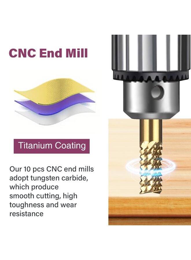 10PCS Titanium Coated Engraving Milling Cutter Carbide Bits, 0.8-3.175mm, 1/8'' Shank, for Dremel Rotary Tools - Image 2