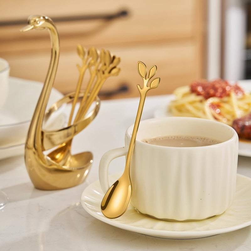 AnSaw Gold Small Coffee Spoon Holder Set,Swan Base With 10 Pcs Demitasse Espresso Spoons Set,4.7" Mini Leaf Dessert Spoon,Stainless Steel Tea Spoons - Image 4