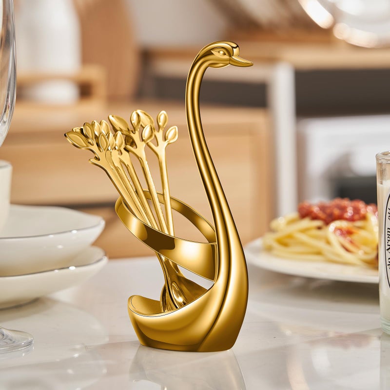AnSaw Gold Small Coffee Spoon Holder Set,Swan Base With 10 Pcs Demitasse Espresso Spoons Set,4.7" Mini Leaf Dessert Spoon,Stainless Steel Tea Spoons - Image 5