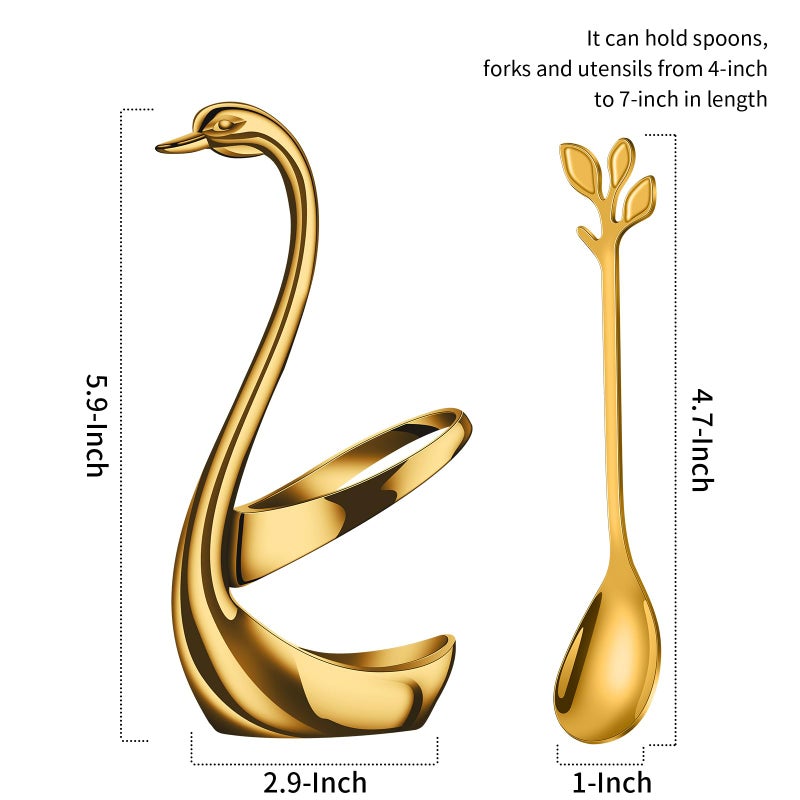 AnSaw Gold Small Coffee Spoon Holder Set,Swan Base With 10 Pcs Demitasse Espresso Spoons Set,4.7" Mini Leaf Dessert Spoon,Stainless Steel Tea Spoons - Image 3