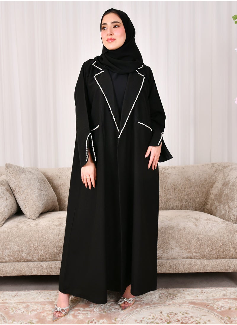 HAWRAA ABAYA Abaya blazer design with open sleeves and front pockets decorated with pearls  - Image 2