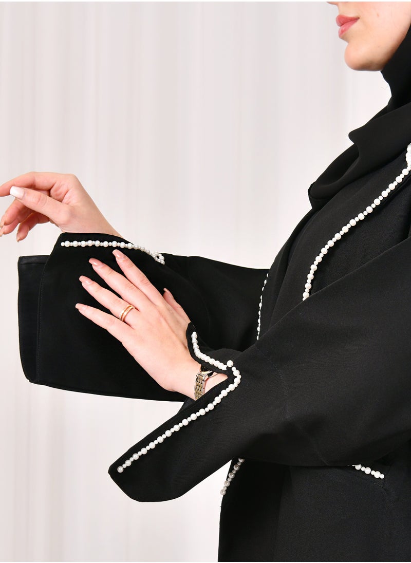 HAWRAA ABAYA Abaya blazer design with open sleeves and front pockets decorated with pearls  - Image 4