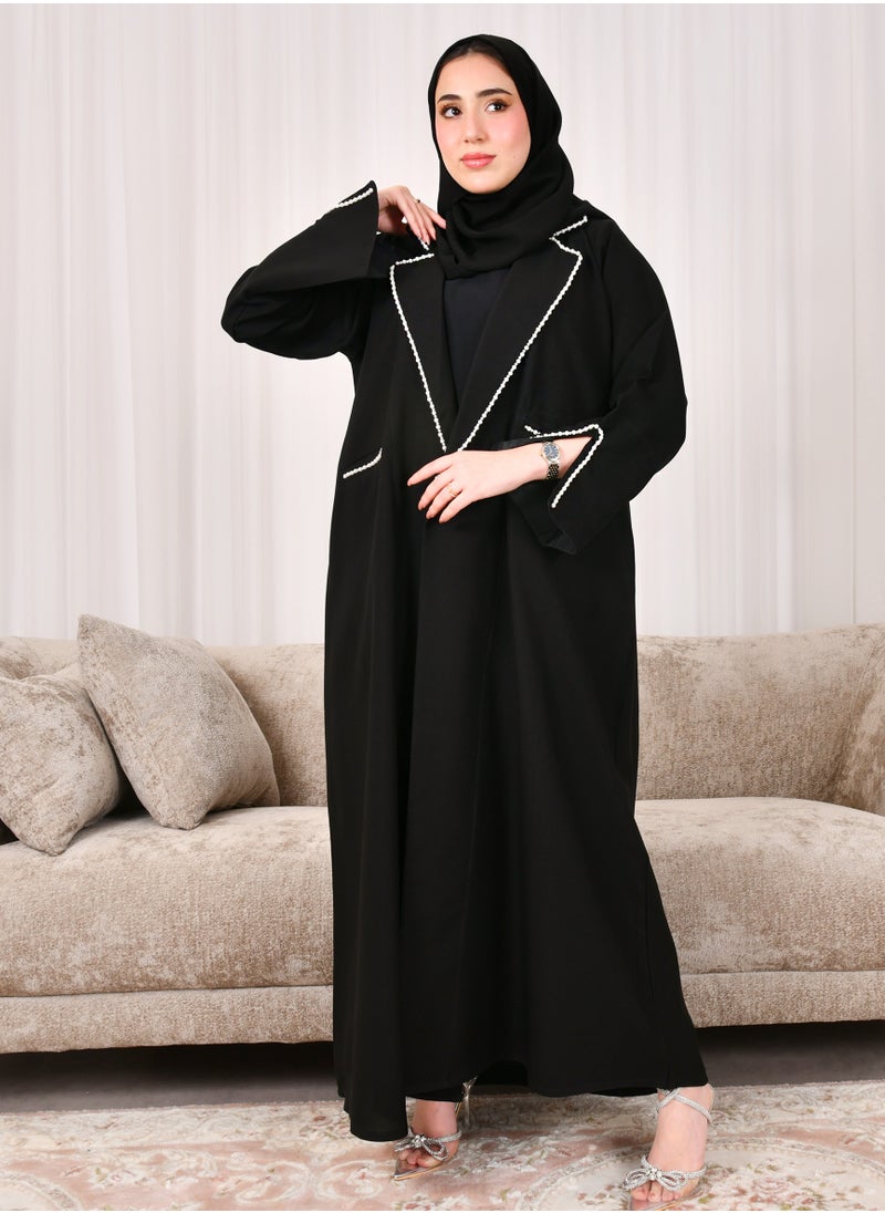 HAWRAA ABAYA Abaya blazer design with open sleeves and front pockets decorated with pearls  - Image 5