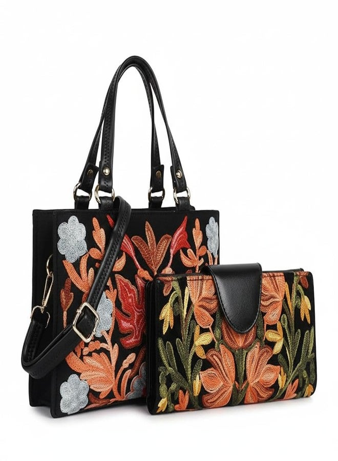 EVEDA Embroidered Floral Handbag Set, Black Leather with Coral and Silver Flowers, 2-Piece Purse Collection with Shoulder Straps (Black)