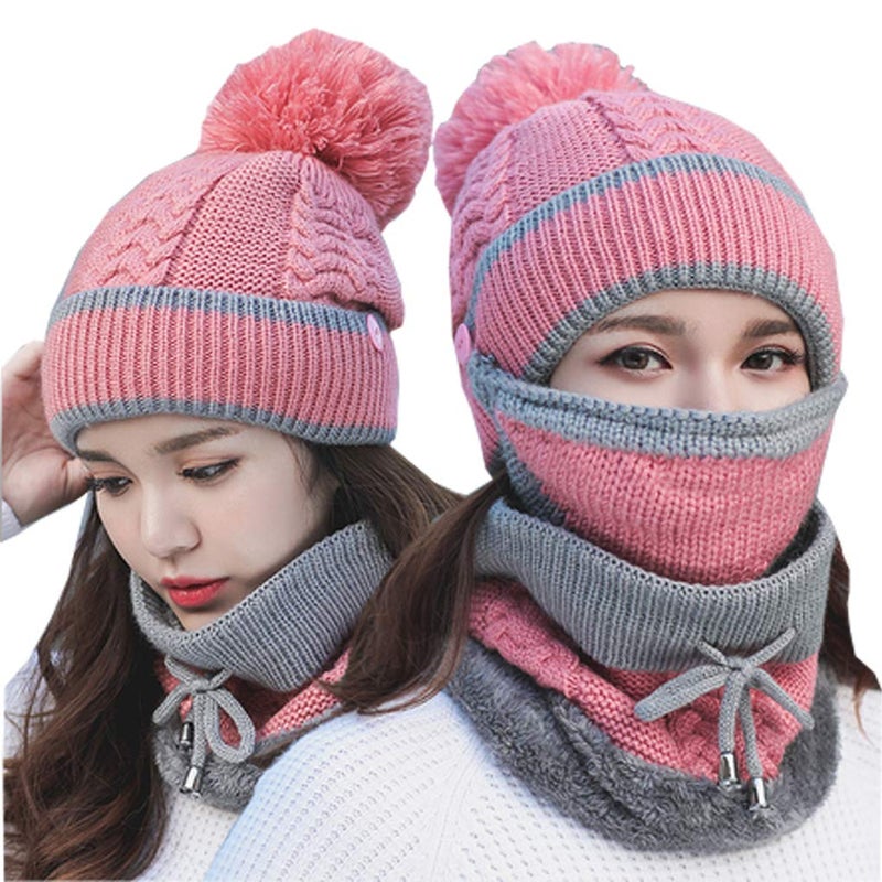 Fakeface 3 In 1 Winter Knitted Beanie Hat Scarf Mouth Mask Set for Women Girls, Warm Fleece Lined Ski Cap with Pompom Neck Warmer (Pink) - Image 1