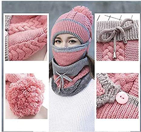 Fakeface 3 In 1 Winter Knitted Beanie Hat Scarf Mouth Mask Set for Women Girls, Warm Fleece Lined Ski Cap with Pompom Neck Warmer (Pink) - Image 5