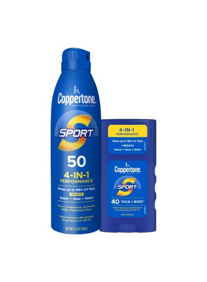 Coppertone Sport Sunscreen Spray Spf 50 + Face Sunscreen Stick Spf 40 Water Resistant Sunscreen Broad Spectrum Spf 50 Sunscreen And Facial Sunscreen Pack (55 Oz Spray + 15 Oz Stick)  - Image 1