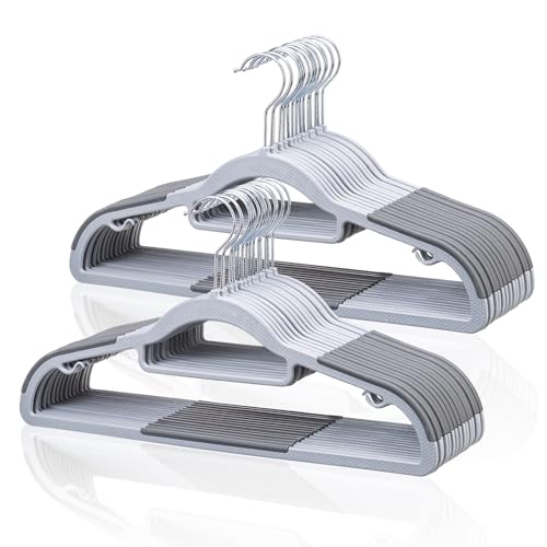 Tonswachic Pack of 30 Coat Hangers SpaceSaving Plastic Clothes Hangers NonSlip 02 Inches Slim 360 Swivel Silver Hook for Shirts Pants Suit  WetDry Garments Light and Dark Gray