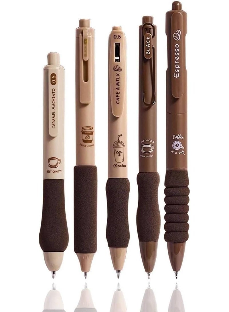 5Pcs Cute Gel Pens, Retractable Quick Dry Ink Pens, 0.5mm Fine Point Black Ink Cute  Pens, with Soft Rubber Grip, Smooth Writing Pens, Aesthetic Pretty Pens, for School Office Supplies, Coffee - Image 1