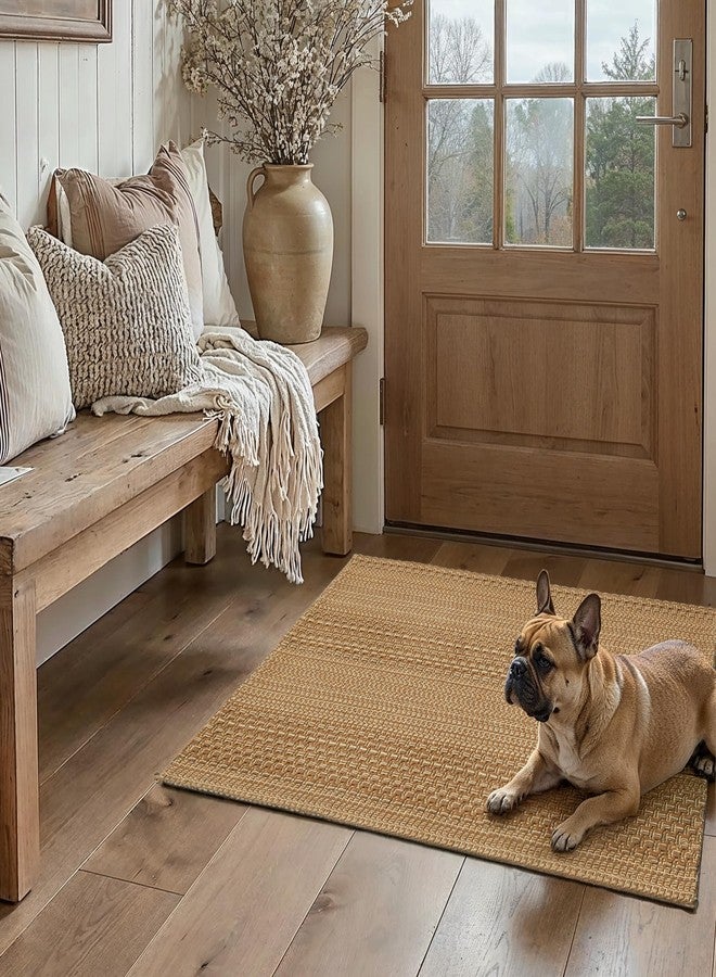 MatEssenz 2x3 Textured Washable Entry Rug, Natural Woven Low-Profile Door Mat with Non-Slip TPR Backing, Brown, for Entryway, Kitchen, Laundry Room - Image 1