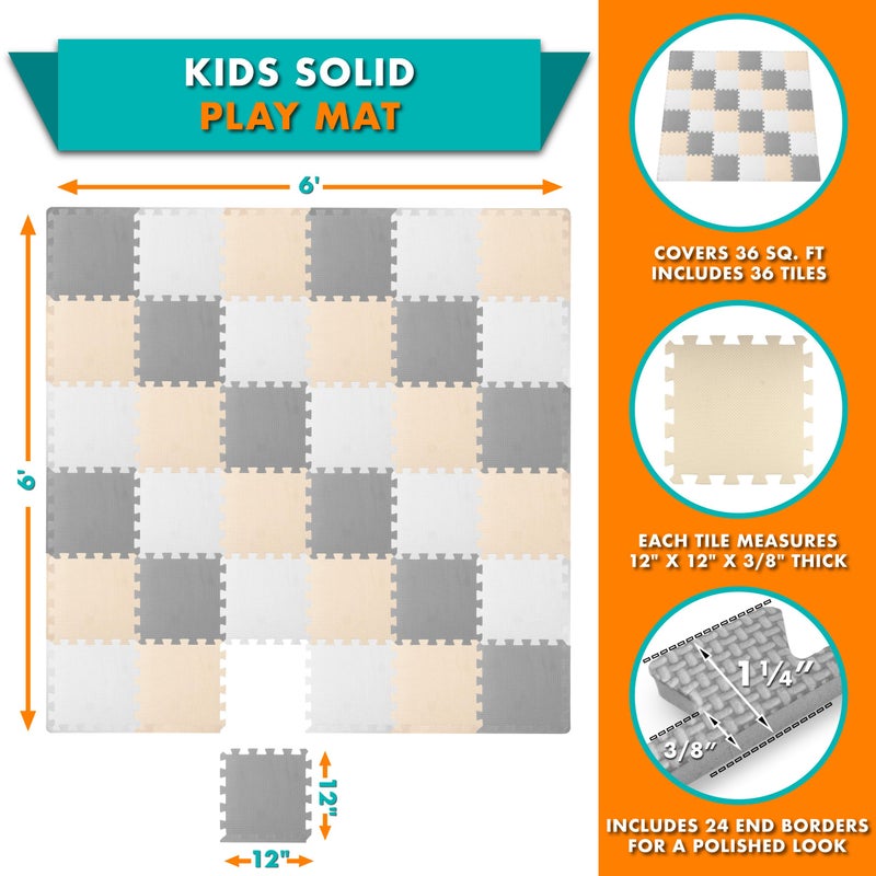 ProSource Foam Puzzle Floor Play Mat for Kids and Babies with Solid Colors, 36 or 16 Interlocking Tiles with Borders, White/Grey/Beige - Image 2