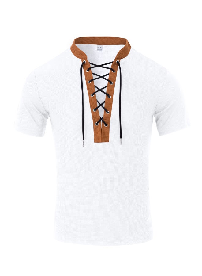 European And American Men's Summer Rope Neck Waffle Knit Color Block American Casual Big Size Short Sleeve T-shirt