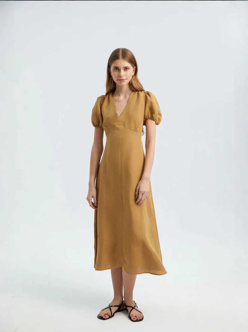 HICCUP V Neck Puff Sleeves Midi Dress