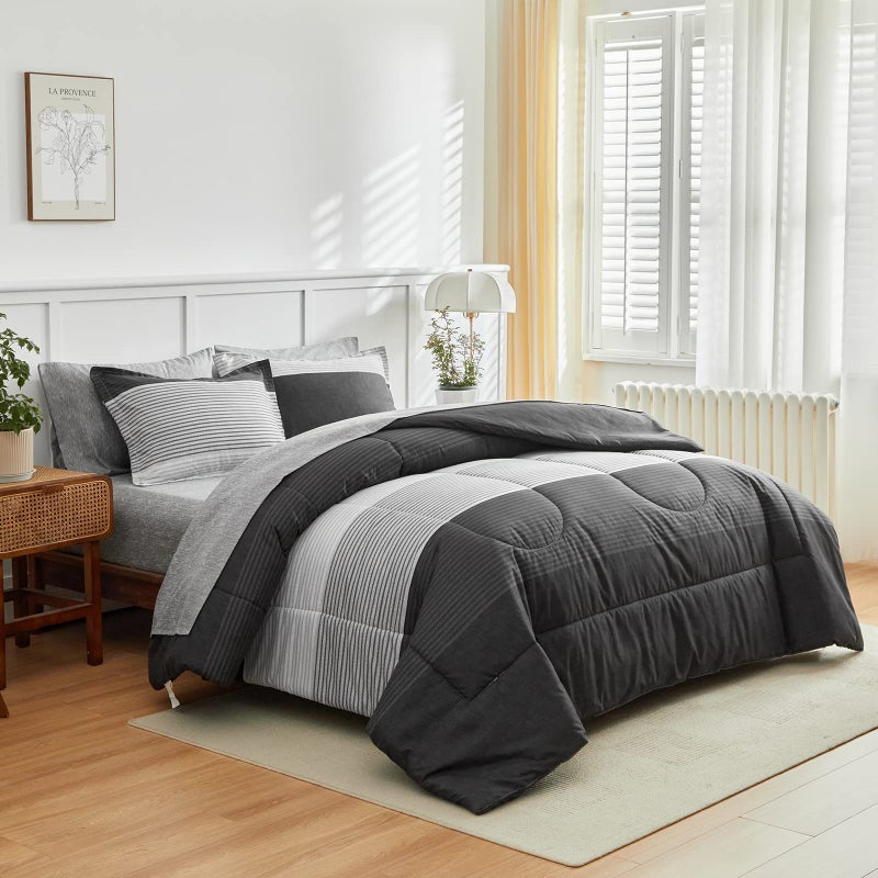 Flysheep Ombre Striped Bed in a Bag 7 Pieces Queen Size Grey and White Stripes Comforter Sheet Set 1 Comforter 1 Flat Sheet 1 Fitted Sheet 2 Pillow Shams 2 Pillowcases